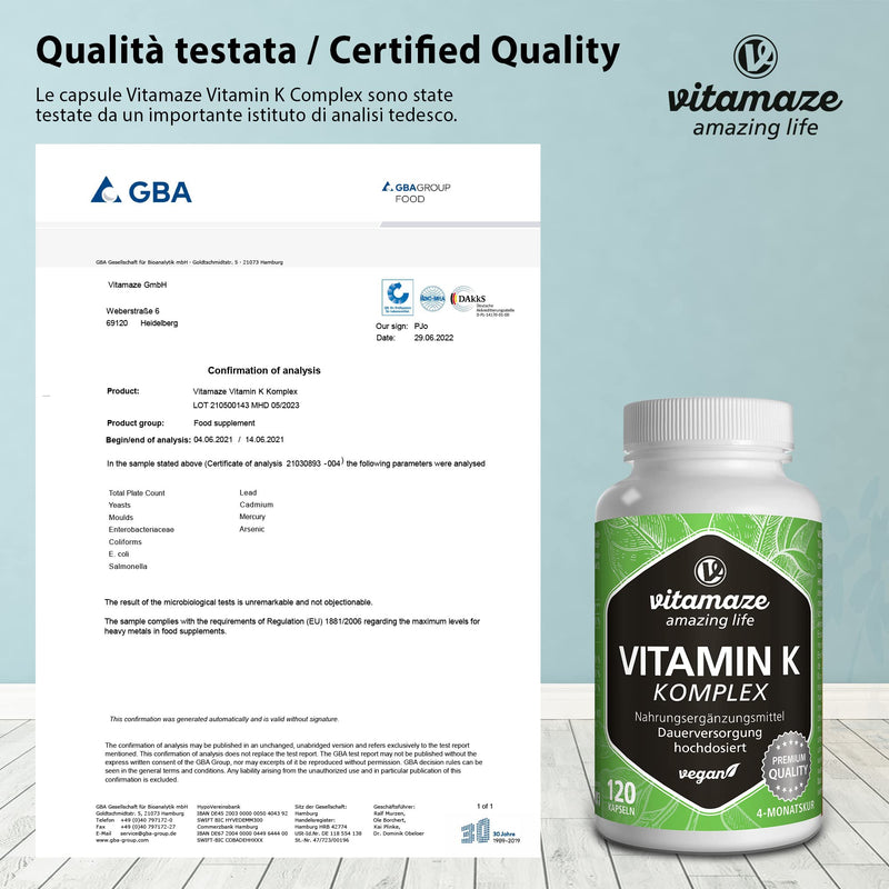 Vitamin K Complex K1 and K2 Menaquinone - High Strength (K1 1.000 mcg MK4 + K2 200 mcg MK7) - 120 Vegan Capsules for 4 Months - Best Bioavailability Supplement - Without Additives- Vitamaze Vitamin K Complex - BeesActive Australia