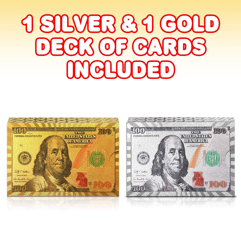 Gamie Silver and Gold $100 Bill Playing Cards, 2 Decks, Waterproof Playing Cards for Kids, Adults and Poker, Vegas Party Decorations, Casino Birthday Party Favors, 3.5 x 2.25 Inches - BeesActive Australia