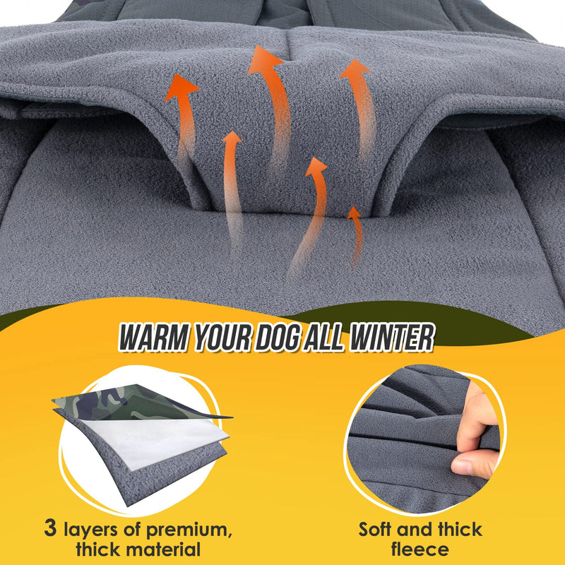 SlowTon Dog Winter Coat, Windproof 3 Layers Thick Warm Fleece Lining Dog Jacket for Cold Weather, Reflective Dog Apparel Dog Clothes with Leash Opening for Medium Large Dogs(Green Camo,3XL) XXX-Large(Chest 32''-36'') Green Camouflage - BeesActive Australia