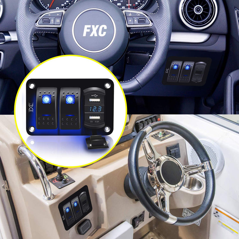 Purishion 2 Gang Rocker Switch Aluminum Panel with Voltmeter & Dual USB(4.8 Amps) Fast Charging, Blue Backlit Led, Pre-Wired IP65 Waterproof for Marine, Boat, Car, Truck, Polaris, Jeep (Blue) 2Gang Blue - BeesActive Australia