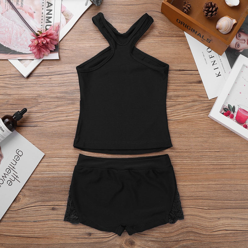 [AUSTRALIA] - zdhoor Kids Girls 2 Piece Ballet Dance Sports Workout Gymnastics Leotard Racer Tank Top with Bottoms Set Black 8 