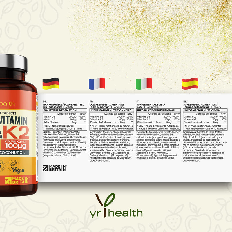 Vegan Vitamin D3 K2 Tablets High Strength & Coconut Oil for Absorbtion - Vitamin D 2000iu & Vitamin K2 Mk7 100mcg Plant Based Supplement for Immune System, Bones, Blood Calcium Levels, Made in The UK - BeesActive Australia
