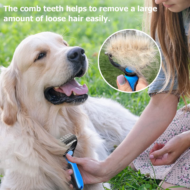 Nepfaivy Undercoat Rake for Dogs Cats - Dog Shedding Brush for Long Haired Dogs, Double Sided Dog Deshedding Brush, Undercoat Brush for Dogs, Pet Grooming Brush for Dematting with Dog Comb Blue and Black (With Free Bonus) - BeesActive Australia