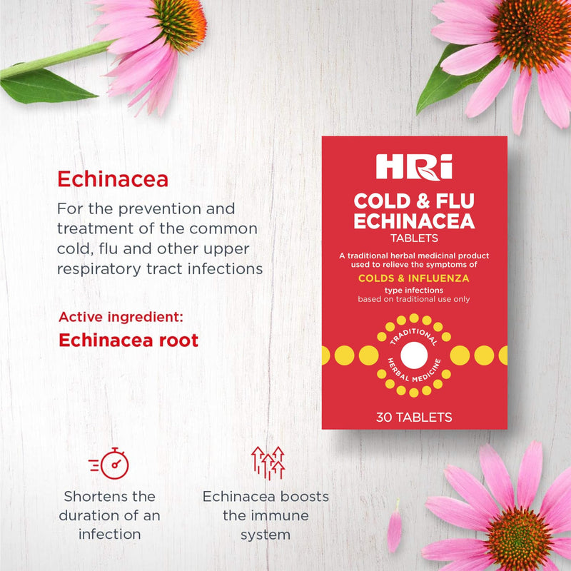 HRI Cold and Flu Tablets - Echinacea Tablets 338 to 450 Milligrams, to Relieve the Symptoms of Cold and Flu, 30 Tablets - BeesActive Australia