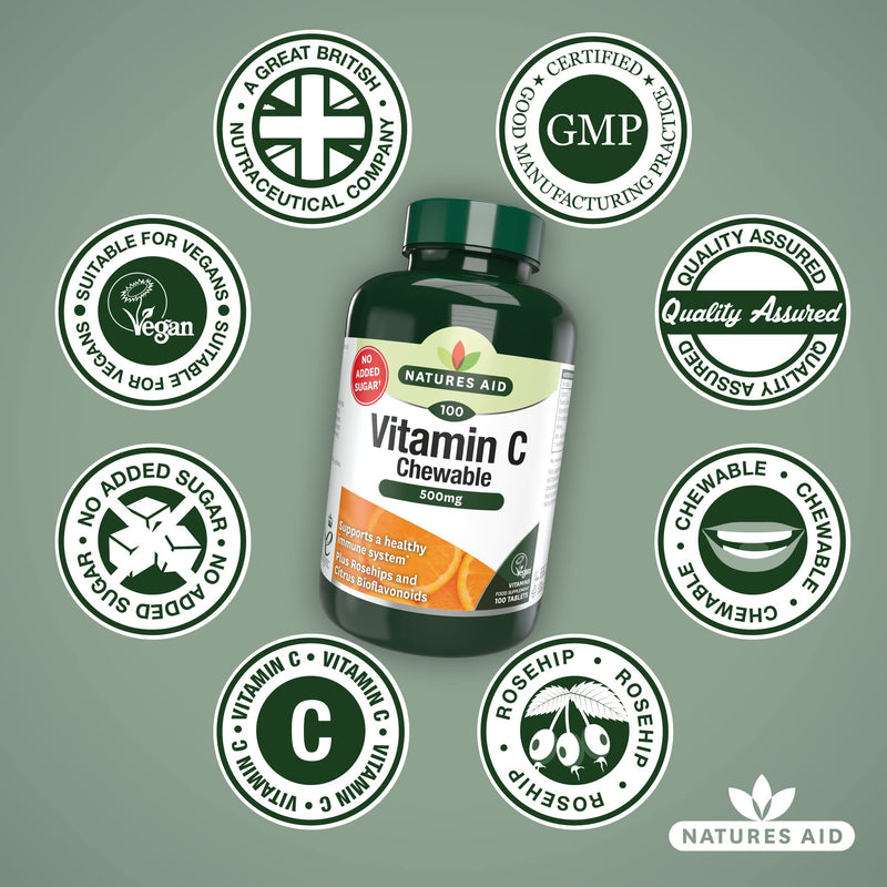Natures Aid Chewable Vitamin C 500 mg, Sugar Free, Suitable for Vegans, 100 Tablets 100 count (Pack of 1) - BeesActive Australia
