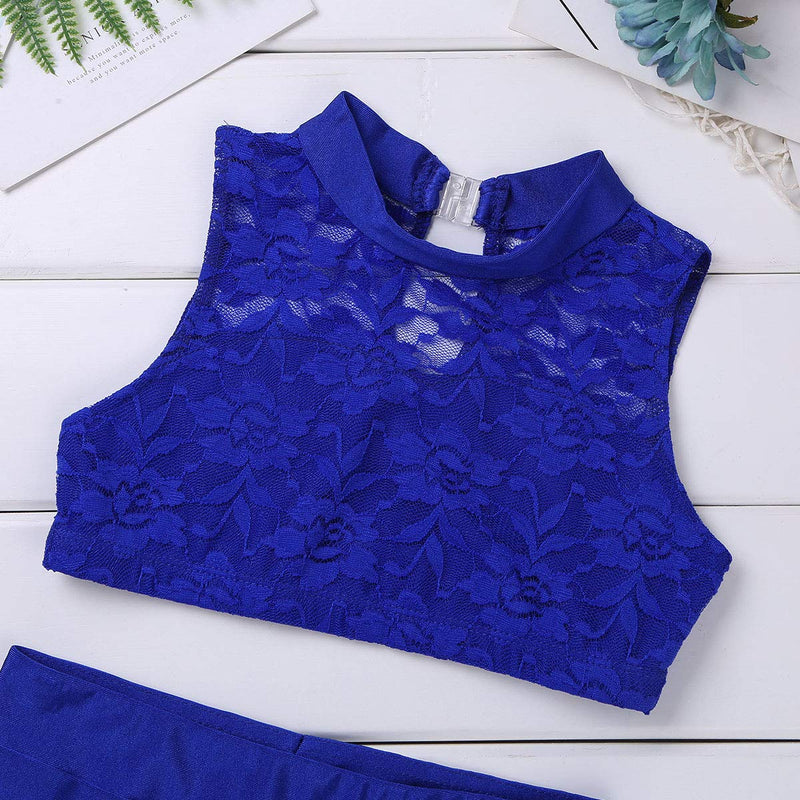 [AUSTRALIA] - moily Girls 2pcs Floral Lace High Turtleneck Crop Top with Booty Shorts Gymnastics Dance Sports Outfit Blue 10 