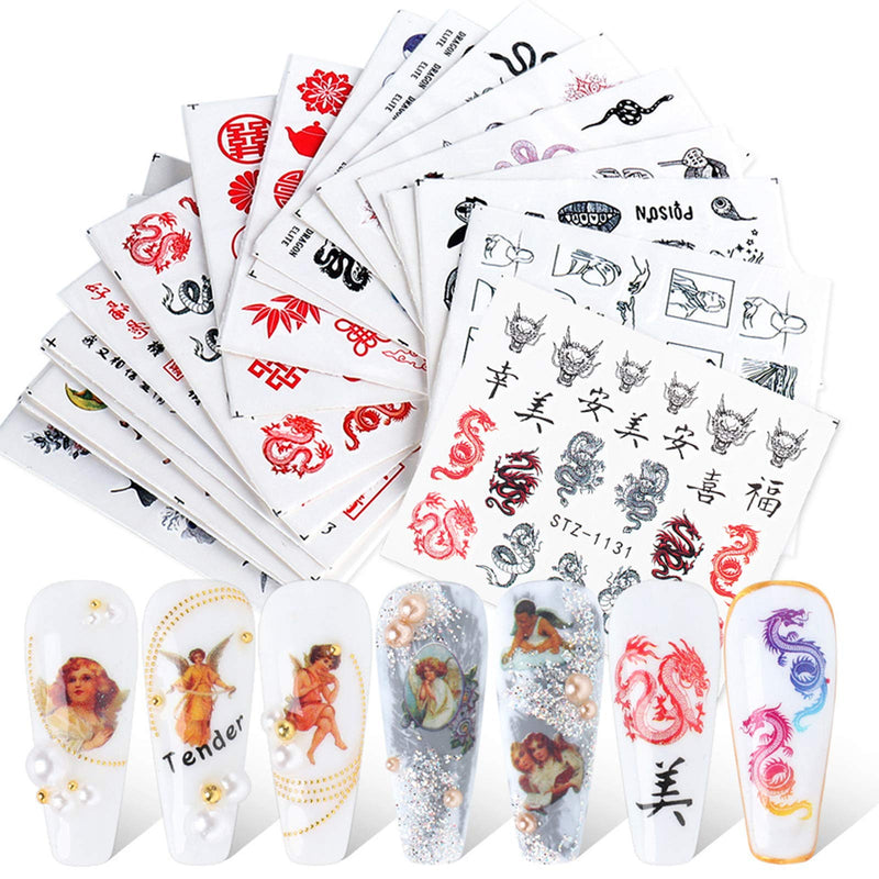 24 Sheet Chinese Style Nail Sticker Cupid Set Chinese Character Flame Tai Chi Dragon Pattern Female Nail Water Transfer DIY Nail Design Manicure Skills and Art Decoration - BeesActive Australia