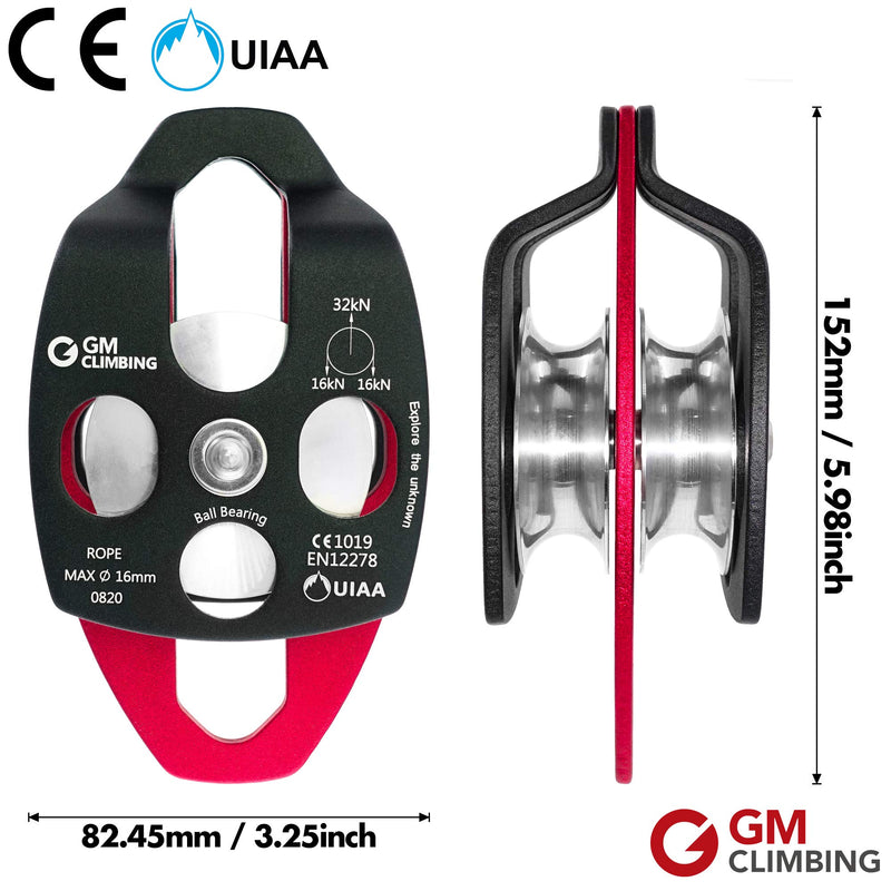 GM CLIMBING 32kN UIAA Certified Large Rescue Pulley Single/Double Sheave with Swing Plate CE/UIAA Double Pulley - Black - BeesActive Australia