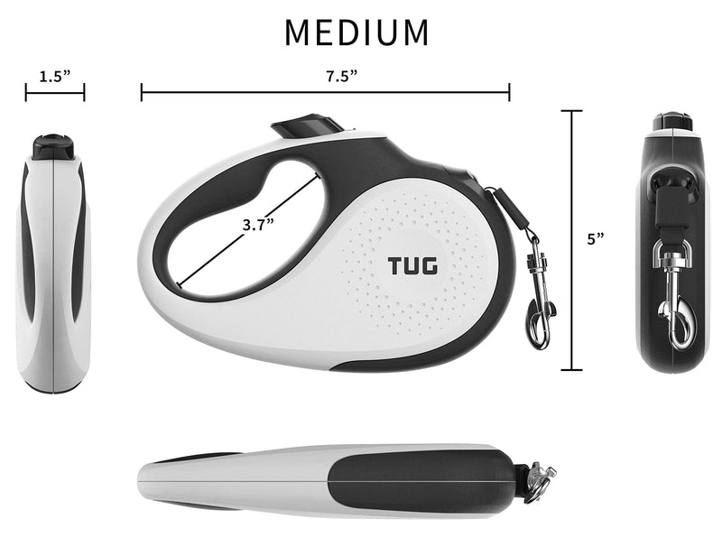 TUG 360° Tangle-Free Retractable Dog Leash with Anti-Slip Handle | 16 ft Strong Nylon Tape | One-Handed Brake, Pause, Lock Medium White - BeesActive Australia