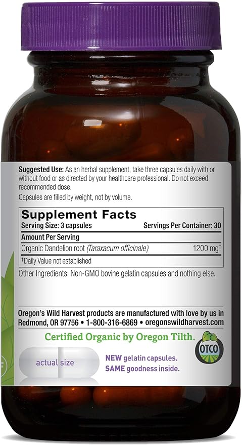 Organic Dandelion Root - Traditional Herbal Bitter, 90 Vcaps,(Oregon's Wild Harvest) by Oregon's Wild Harvest - BeesActive Australia