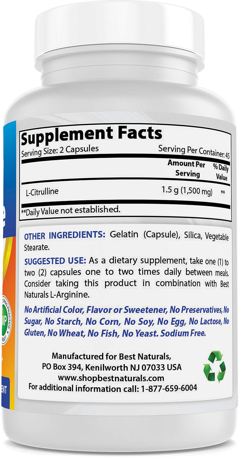 Best Naturals L-Citrulline Capsules - 1500mg/Serving - Non-GMO - Gluten Free - 90 Capsules (90 Count (Pack of 1)) 90 Count (Pack of 1) - BeesActive Australia