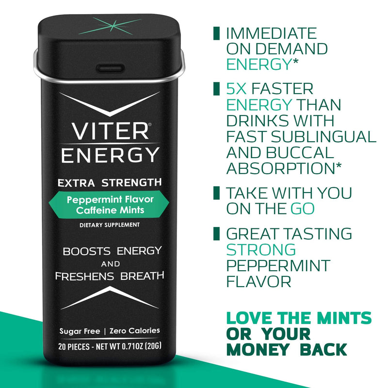 Viter Energy Extra Strength Caffeinated Mints - 80mg Caffeine, B Vitamins, Sugar Free Vegan Breath Mint. Powerful Energizing Boost. 1 Mint Replaces 1 Coffee, Gum, Chews, Gummies (Peppermint, 6 Pack) Peppermint 20 Count (Pack of 6) - BeesActive Australia