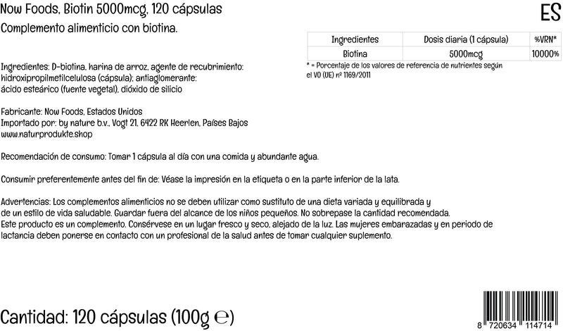 Now Foods, Biotin, 5.000mcg, Vitamin B7, Highly Dosed, 120 Vegan Capsules, Lab-Tested, Gluten Free, Soy Free, Vegetarian, Non-GMO - BeesActive Australia