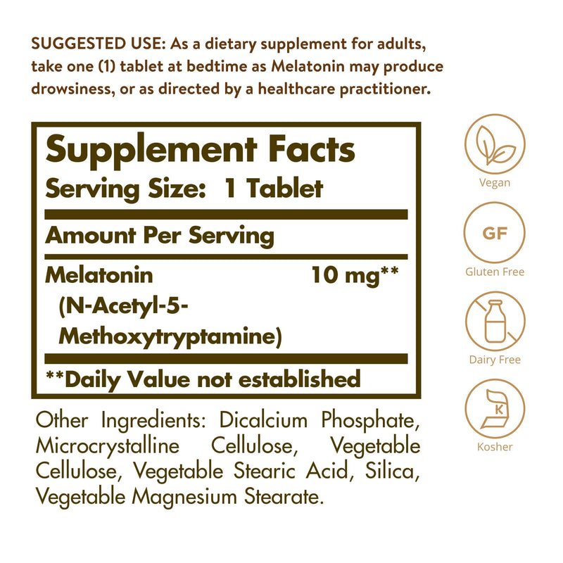 Solgar Melatonin 10mg, 60 Tablets - High-Dosage - Helps Promote Relaxation & Sleep - Clinically-Studied Melatonin - Supports Natural Sleep Cycle - Vegan, Gluten Free, Dairy Free, Kosher - 60 Servings - BeesActive Australia