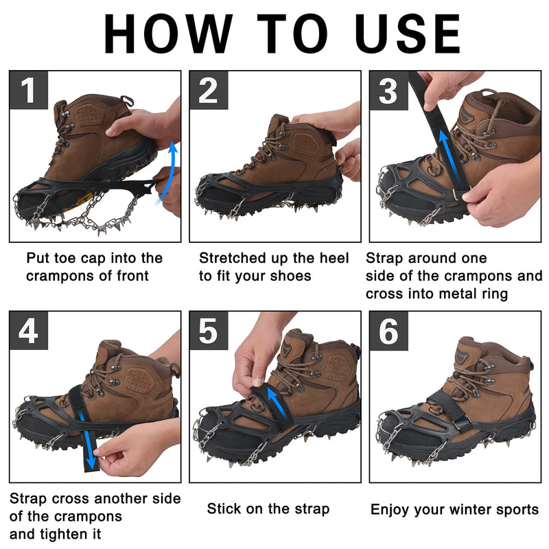 VanRolldex Ice Cleats for Boots Shoes Ice Snow Traction Cleats Anti-Slip 19 Spikes Stainless Steel Crampons Safe Protect Footwear for Men Women Hiking Climbing Mountaineering Walking Fishing Jogging 19 Spikes with Strap X-Large - BeesActive Australia