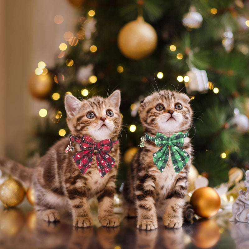 ADOGGYGO Christmas Cat Collars Breakaway with Stylish Bow, 2 Pack Red Green Plaid with Snowflake Christmas Kitten Collar with Bell, Removable Bowtie Cat Christmas Collar for Cats Kittens - BeesActive Australia