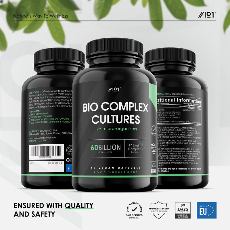 BioCultures Complex - 17 Live Strains with 60 Billion CFU Probiotics - for Gut Health & Digestive System - Lactobacillus Acidophilus & Bifidobacterium - 60 Capsules 60 Count (Pack of 1) - BeesActive Australia