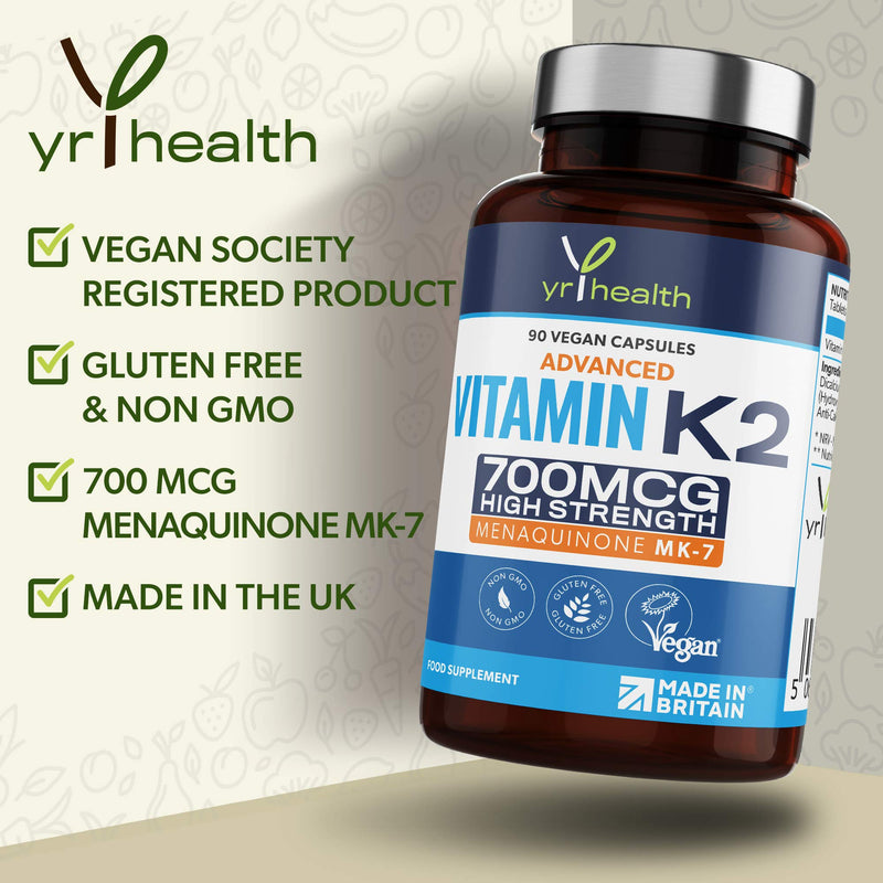 Vitamin K2 MK7 700mcg - High Strength Vitamin K2 Menaquinone - 90 Vegan Society Registered Capsules Not Tablets - Made in The UK by YrHealth - BeesActive Australia