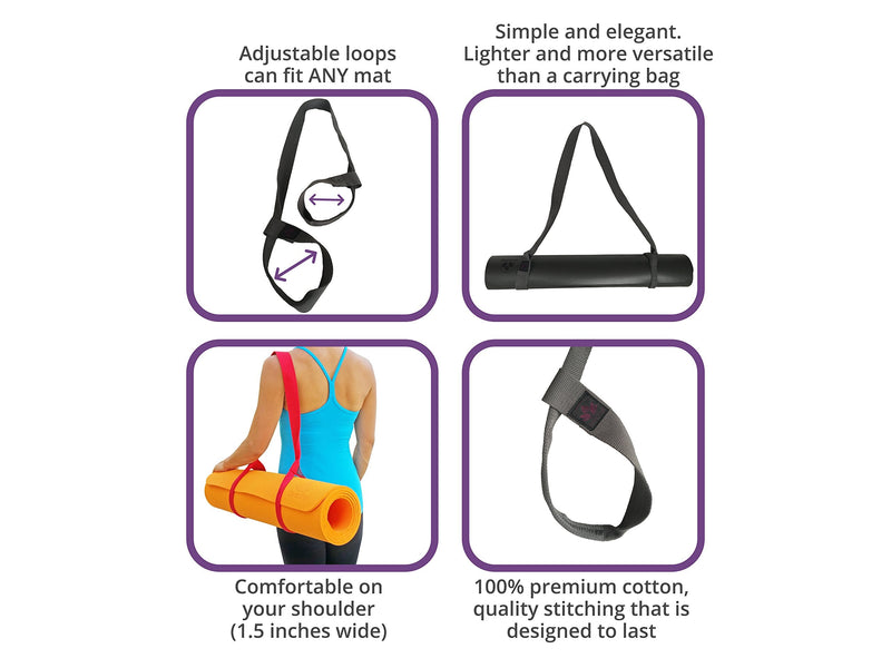 Yoga Mat Strap Sling, Adjustable and Durable 100% Cotton Mat Carrier Available in Two Lengths, Standard 66", Extra Long 85" Black 66 Inch - BeesActive Australia