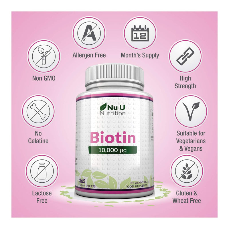 Biotin Hair Growth Supplement - 365 Vegan Tablets (Full Year Supply) - Biotin 10,000mcg by Nu U Nutrition - BeesActive Australia