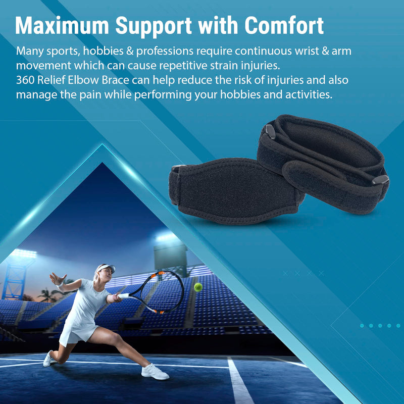 360 RELIEF Tennis & Golfers Elbow Support Brace - Padded Adjustable Strap for Men & Women | Pain Relief Injury Tendonitis Arthritis Basketball Weightlifting | Single Black with Mesh Laundry Bag | One Size - BeesActive Australia