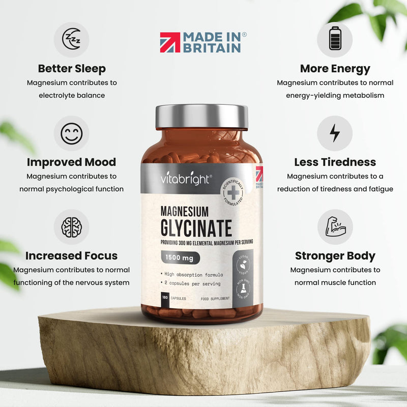 Magnesium Glycinate (Bisglycinate) - 1500mg High Strength - 180 Capsules (3 Month Supply) - Vegan Premium Magnesium Capsules - Providing 300mg Elemental Magnesium Supplement - Made in UK by VitaBright - BeesActive Australia