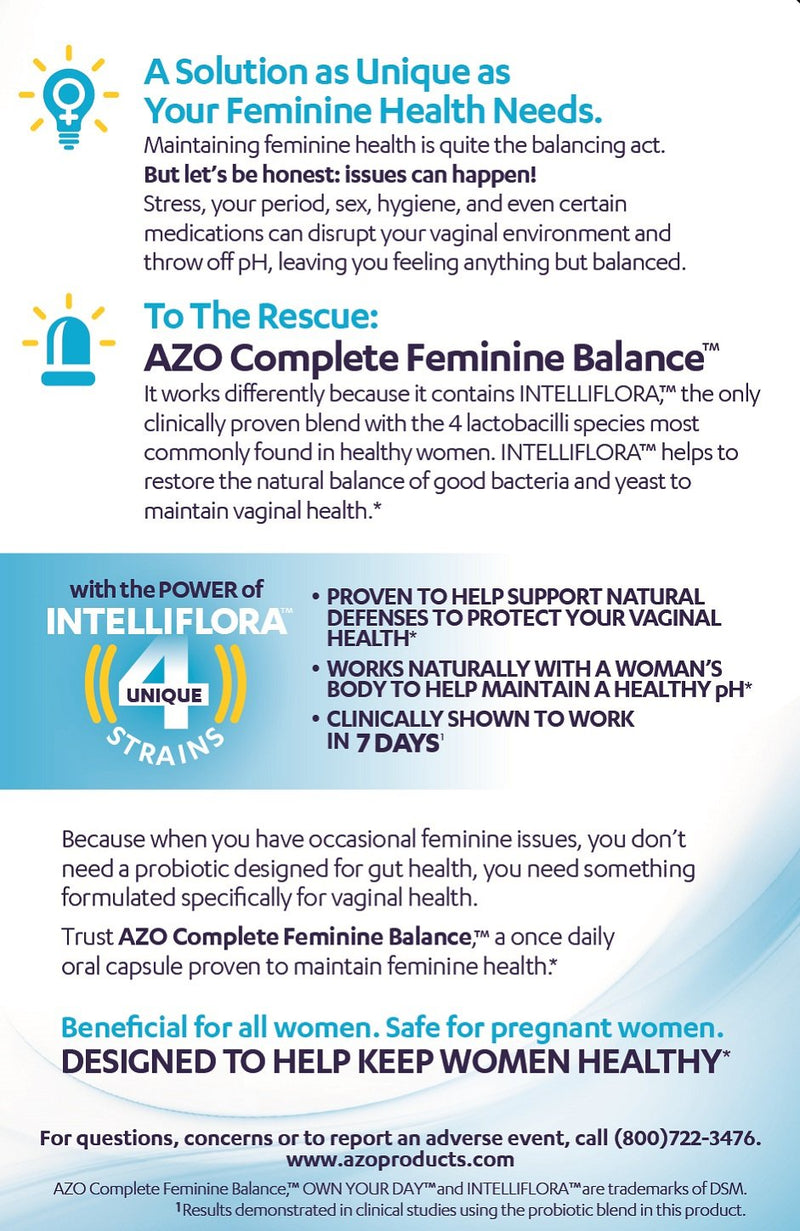 AZO Complete Feminine Balance Daily Probiotics for Women, Clinically Proven to Help Protect Vaginal Health, Helps balance pH and yeast, 30 Count 30 Count (Pack of 1) - BeesActive Australia