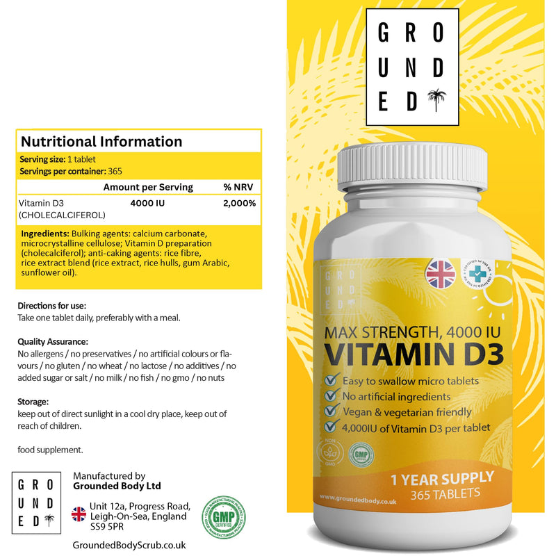 Vitamin D3 4000 IU Micro Tablets - 365 Day Supply, Easy to Swallow High Strength Premium Sunshine Vitamin | Max Strength Vitamin D Supplement, Vegetarian & Vegan Friendly, Made in UK by Grounded - BeesActive Australia
