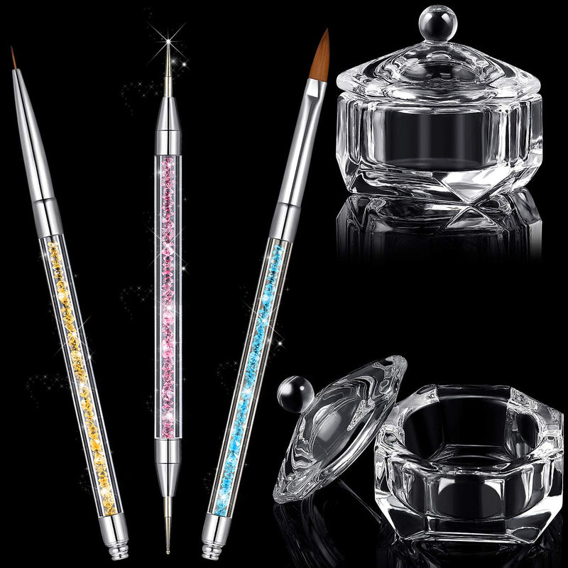 5 Pieces Acrylic Nail Art Brushes Set, 2 Pieces Nail Art Acrylic Liquid Powder Dappen Dish Glass Crystal Cup with Lid and 3 Pieces Nail Art Design Painting Dotting Brushes Pen with Diamond Handle - BeesActive Australia