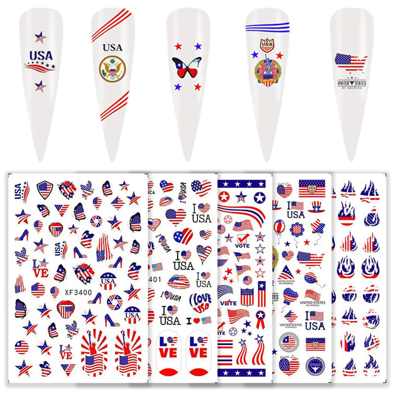 4th of July Nail Art Stickers Decals Patriotic Designer Nail Stickers 3D Nail Art Supplies Self Adhesive American Flag Heart Star Lips Butterfly Flame I Love America Nail Stickers (8 Sheets) A-1 - BeesActive Australia