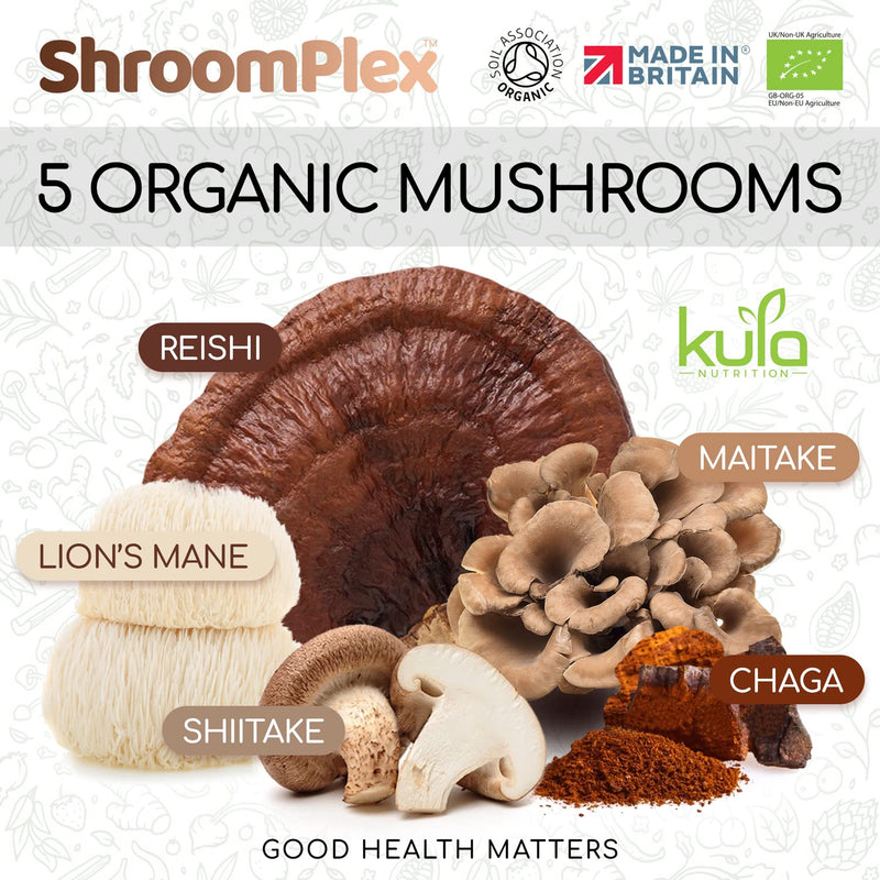 ShroomPlex Organic Mushroom Complex - Immune Boosting Mushroom Blend - 90 High Strength Vegan Capsules with Lions Mane, Shiitake, Chaga, Maitake and Reishi - Plus Organic Black Pepper & Vitamin C 1 Count (Pack of 1) - BeesActive Australia