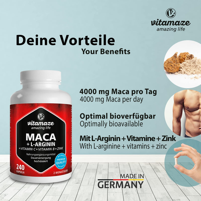 Maca Root Capsules with L-Arginine 5800mg + Vitamins B6, B12 + Zinc - Invigorating Anti-Stress Energy - High Strength 240 Capsules for 2 Months - Organic Supplement, German Quality- Vitamaze Maca Root 4000 mg - BeesActive Australia
