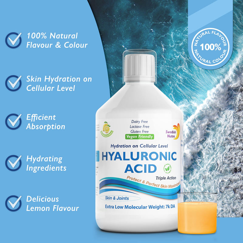 Swedish Nutra Hyaluronic Acid - Pack of 500ml, 20 Day Supply | Sugar Free Lemon Flavour | Bringing Hydration & Moisture on a Cellular Level | 100% Natural Flavour | High Absorption Rate - BeesActive Australia