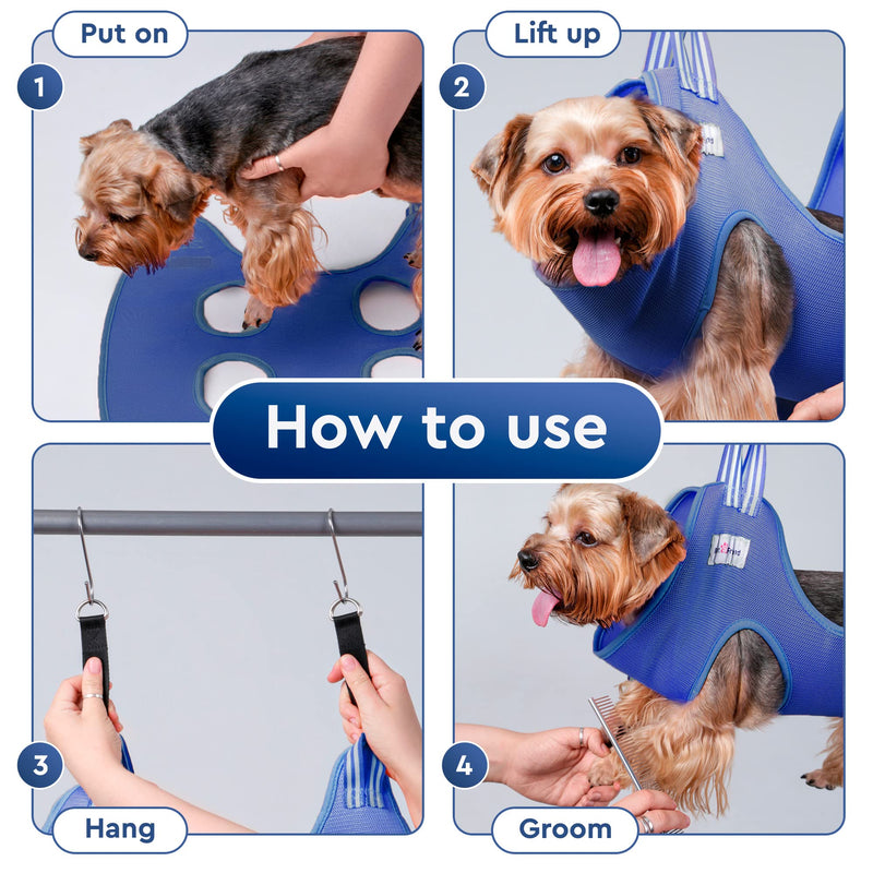 Pet a Friend Dog and Cat Grooming Hammock - Hanging Harness for Nail Trimming, Clipping - Pet Grooming Hammock Sling - Dog and Cat Holder, Hanger, Restraint Bag - Grooming Hammock for Dogs Small Blue - BeesActive Australia