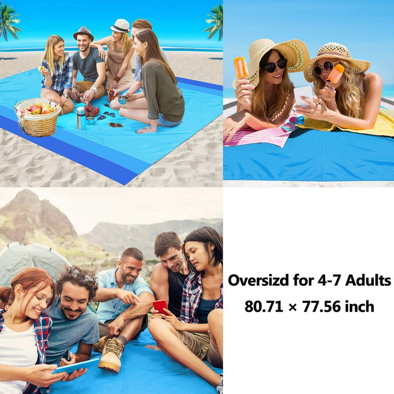 AISPARKY Beach Blanket, Beach Mat Outdoor Picnic Blanket Large Sand Proof Compact for 4-7 Persons Water Proof and Drying Mats Nylon Pocket Picnic for Outdoor Travel (Blue Blue(78" X 81")) Blue Blue(78" X 81") - BeesActive Australia