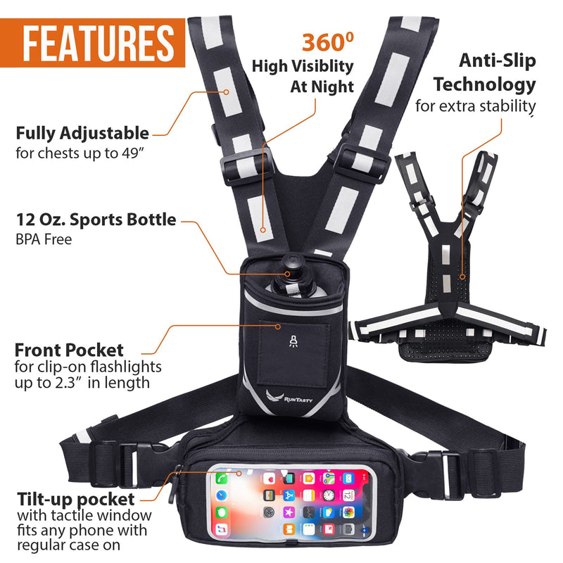 New Reflective Chest Pack Bag w/12 oz. Water Bottle and Touchscreen Ready Clear Window - iPhone/Android Phone Holder - Night Gear Vest w/360° High-Viz for Jogging, Walking, Hiking, Workouts, Cycling! Stylish Black - BeesActive Australia