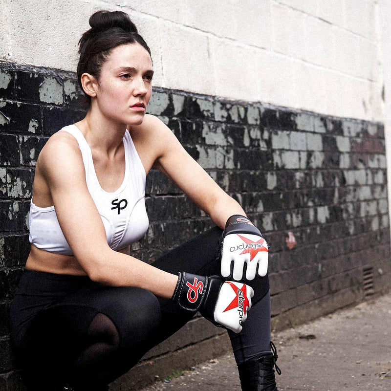 [AUSTRALIA] - Starpro MMA Grappling Gloves | Kickboxing, Martial Arts, Karate, Combat, Training | Sparring Punching Bag Cage Fighting - Men & Women | Synthetic Leather Black Red | White/Black Medium 