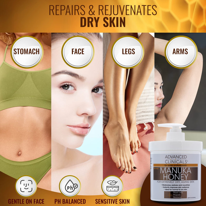 Advanced Clinicals Manuka Honey Cream Face Moisturizer & Body Butter Lotion For Dry Skin | Firming & Hydrating Miracle Balm Skin Care Moisturizing Lotion For Women, Wrinkles, & Sun Damaged Skin, 16Oz 16 Ounce (Pack of 1) Manuka Honey Body Cream - BeesActive Australia