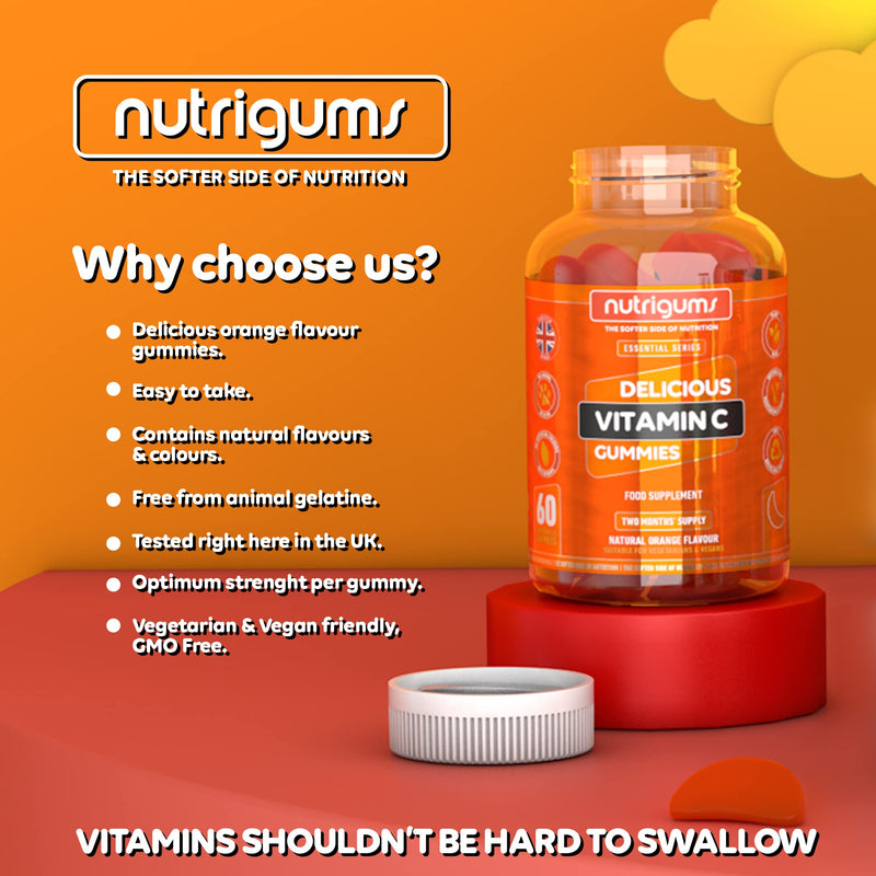 Vitamin C | 60 Orange Flavour Gummies | Two Month Supply | Immune, Energy & Collagen Formation Support | Vegan Suitable by NUTRIGUMS� - BeesActive Australia
