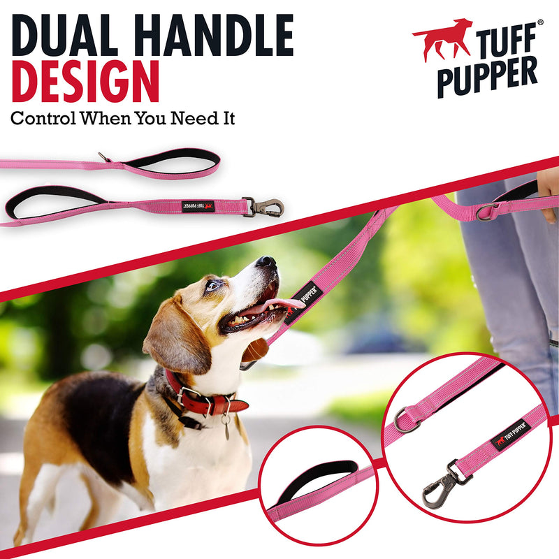 Tuff Pupper Heavy Duty Double Handle Dog Leash | Twist Locking Carabiner Dog Clip | Safety Lock Leash To Hold Strong Dogs | Reflective For Safe Night Walks | 6 Foot Dog Leash | For Medium & Large Dogs 72 Inch (Pack of 1) Hot Pink - BeesActive Australia