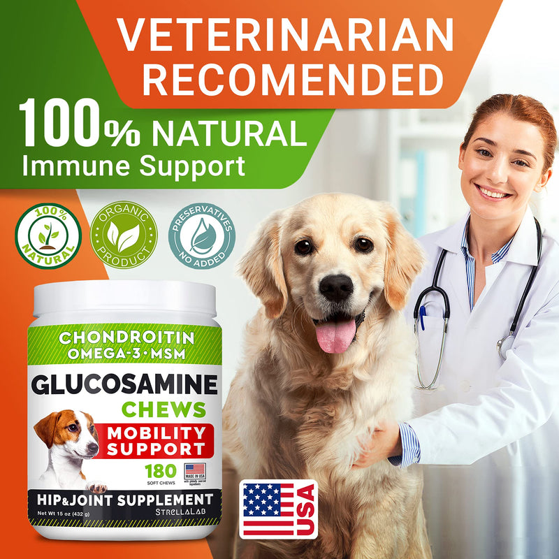 Glucosamine Treats for Dogs - Joint Supplement w/ Omega-3 Fish Oil - Chondroitin, MSM - Advanced Mobility Chews - Joint Pain Relief - Hip & Joint Care - Chicken Flavor - 180 Ct - Made in USA - BeesActive Australia