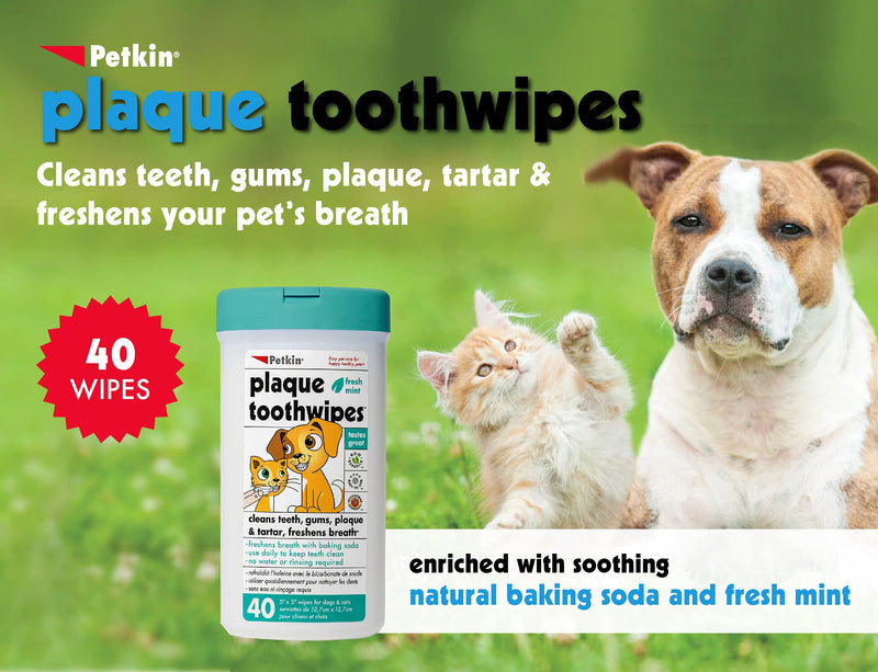 Petkin Plaque Toothwipes, Fresh Mint Wipes - Natural Formula Cleans Teeth, Gums & Freshens Breath - Convenient, & Easy to Use Oral Care Dental Pet Wipes for Dogs, Cats, Puppies & Kittens 2 Pack - 80 Wipes - BeesActive Australia