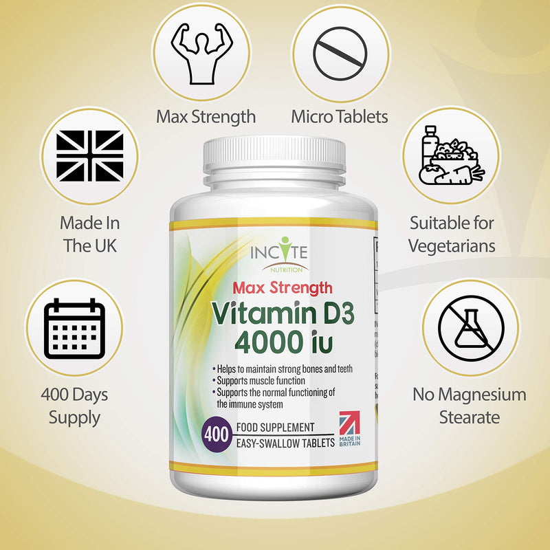 Vitamin D 4000iu - 400 Premium Vitamin D3 Easy-Swallow Micro Tablets - One a Day High Strength Cholecalciferol VIT D3 - Vegetarian Supplement - Made in The UK by Incite Nutrition Vitamin D3 4000iu - BeesActive Australia