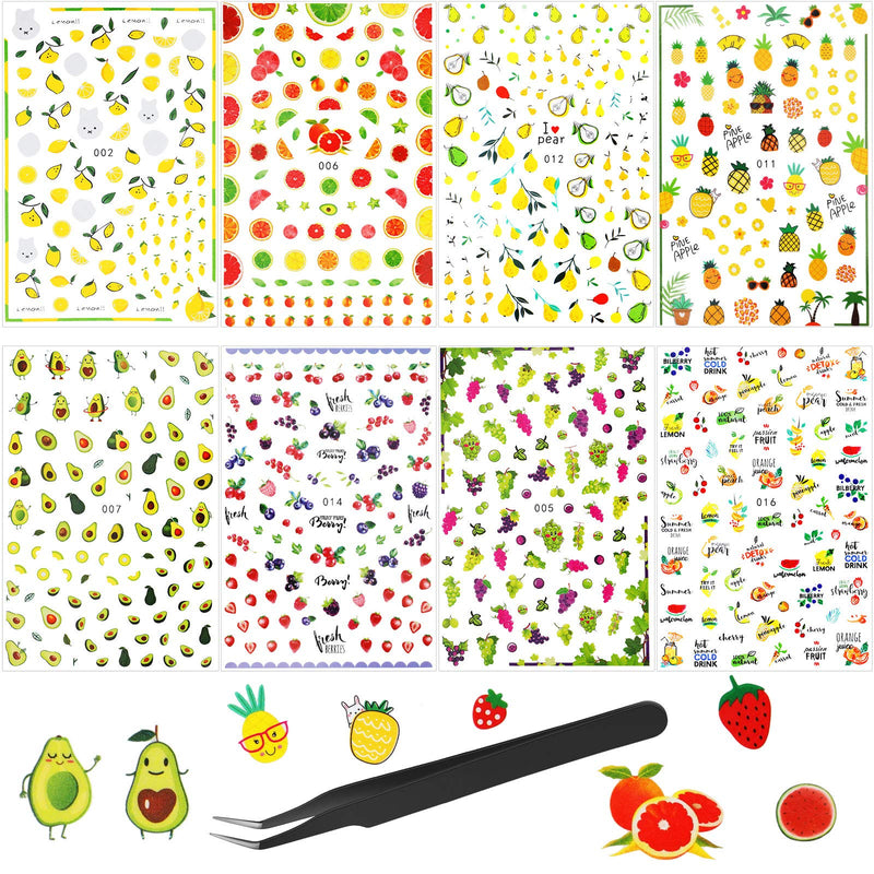 Leelosp 14 Sheets Summer Nail Art Stickers Decals with Tweezers 3D Self-Adhesive DIY Nail Art Decoration Summer Fruit Nail Sticker Tropical Fruit Nail Art Decal for Women Little Girls Nail Decoration - BeesActive Australia