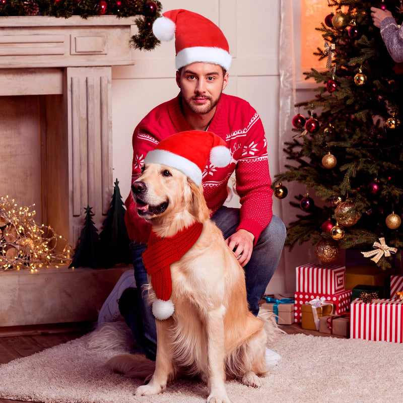 4 Pieces Christmas Dog Scarf with Santa Hat 2 Adjustable Christmas Pet Hat and 2 Pet Knit Red Scarf with White Pompom Ball Striped Scarf Winter Pet Accessory for Small Medium Large Dog - BeesActive Australia