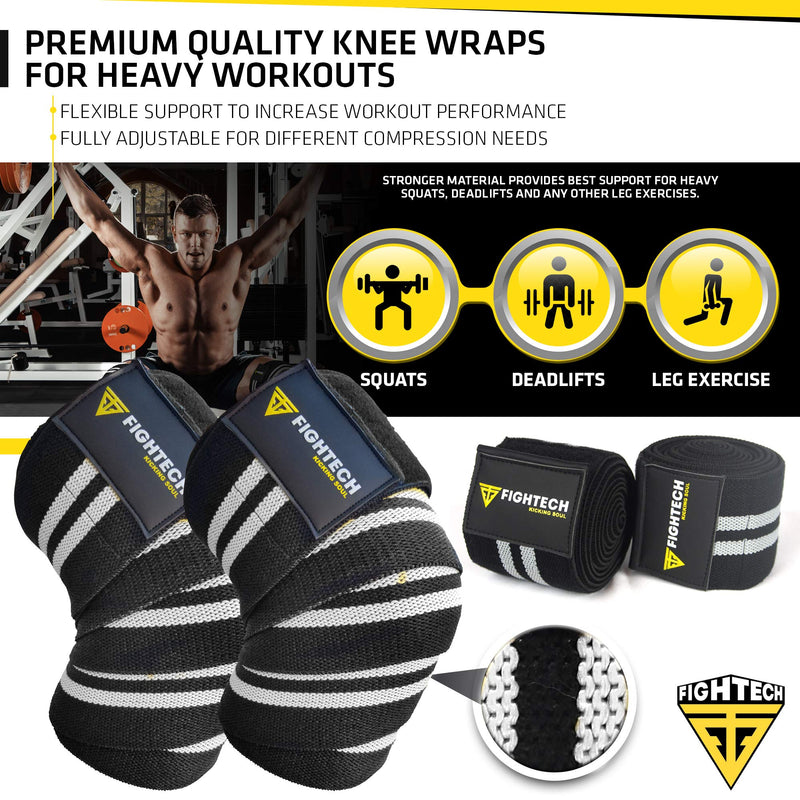 FIGHTECH Knee Wraps for Weightlifting | Men & Women | Bodybuilding Knee Squat Wraps | 82" Long Knee Straps for Compression & Elastic Support During Leg Presses, Cross Training Gym Workout | Pair GRAY - BeesActive Australia