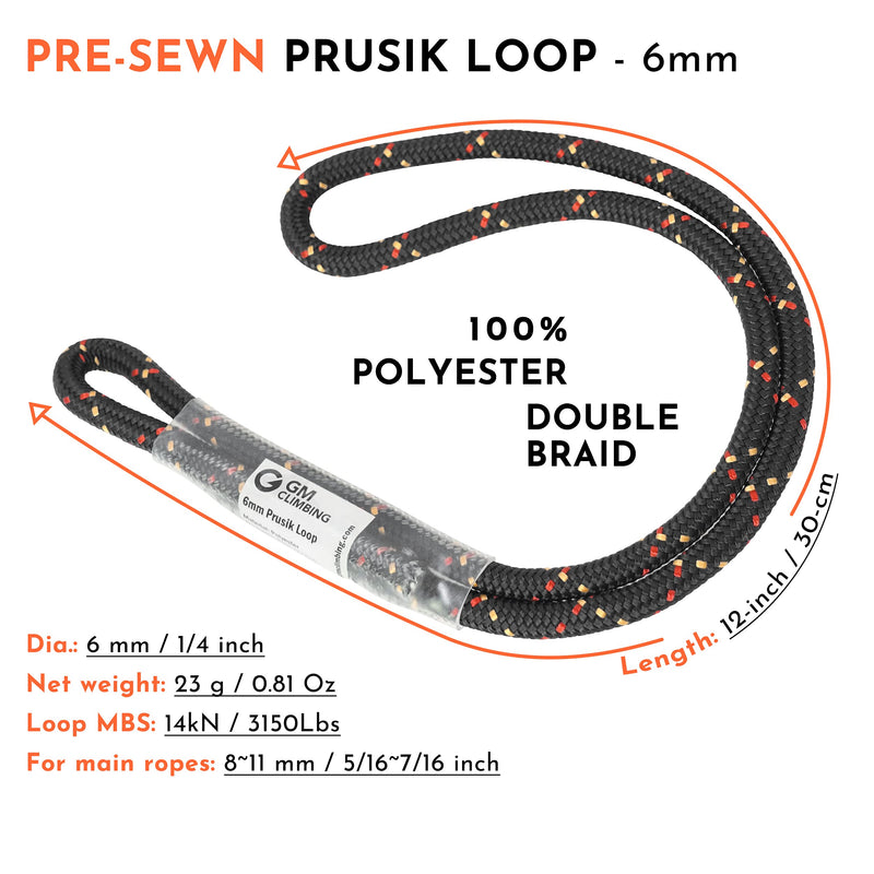 GM CLIMBING 6mm Prusik Cord Pre-Sewn 12in Prusik Loop for Climbing Arborist Rescue Mountaineering General Outdoor Use - BeesActive Australia
