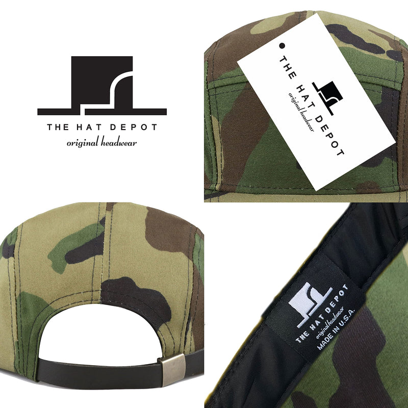 The Hat Depot Made in USA Cotton Twill 5 Panel Flat Brim Genuine Leather Brass Biker Board Cap Camo1 - BeesActive Australia