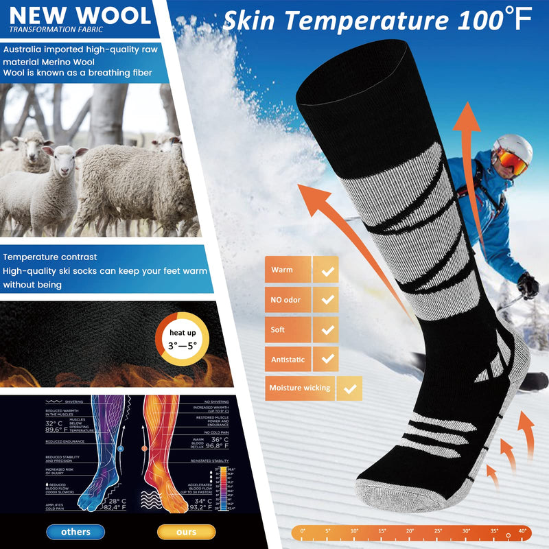 Merino Wool Volcanic Rock Ski Socks 2 Packs For Skiing, Snowboarding, Cold Weather,Thermal Knee-high Warm Socks, Hunting Light Grey X-Large - BeesActive Australia