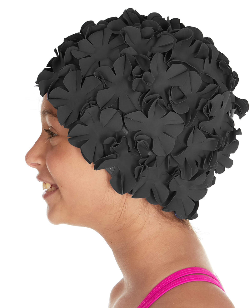 [AUSTRALIA] - Beemo Kids Girls Swim Bathing Caps Age 7-14 Floral Petal Latex for Long/Short Hair Black 